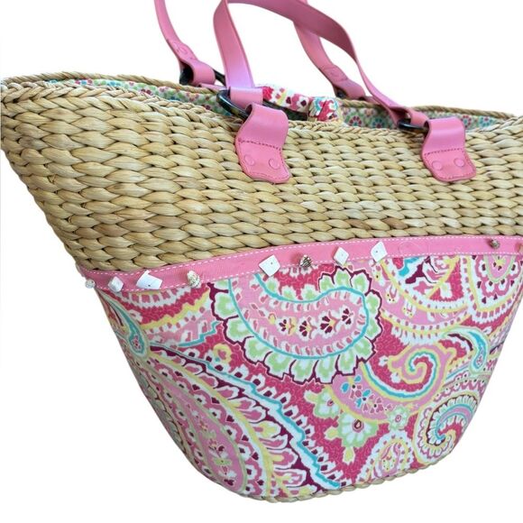 Vera Bradley Straw Tote Retired Capri Melon Beach Bag Pink Strap Paisley Summer - Picture 3 of 15